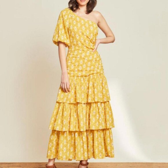 Veronica Beard Yellow Multi Virginia One Shoulder Maxi Dress Sz 0 00 - Picture 2 of 9